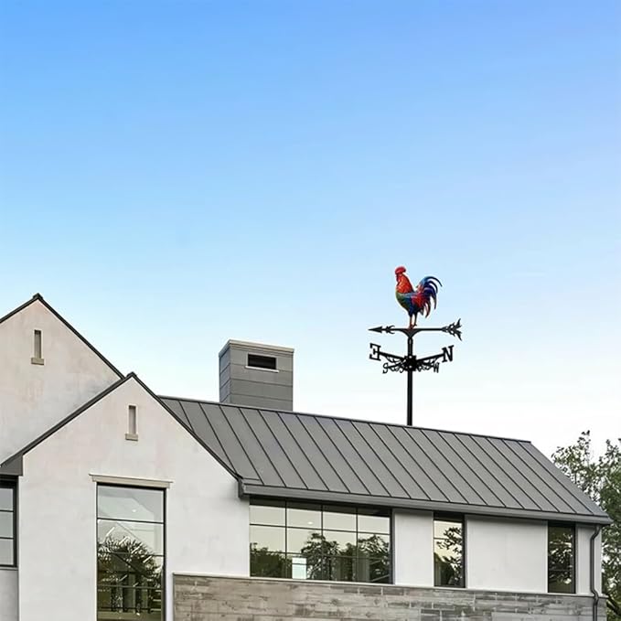 Metal Rooster Weathervane Yard Barn Ornament Colorful Weather Vane Roof Vivid Cock Wind Direction Indicator Outdoor Garden Art Decor (D)