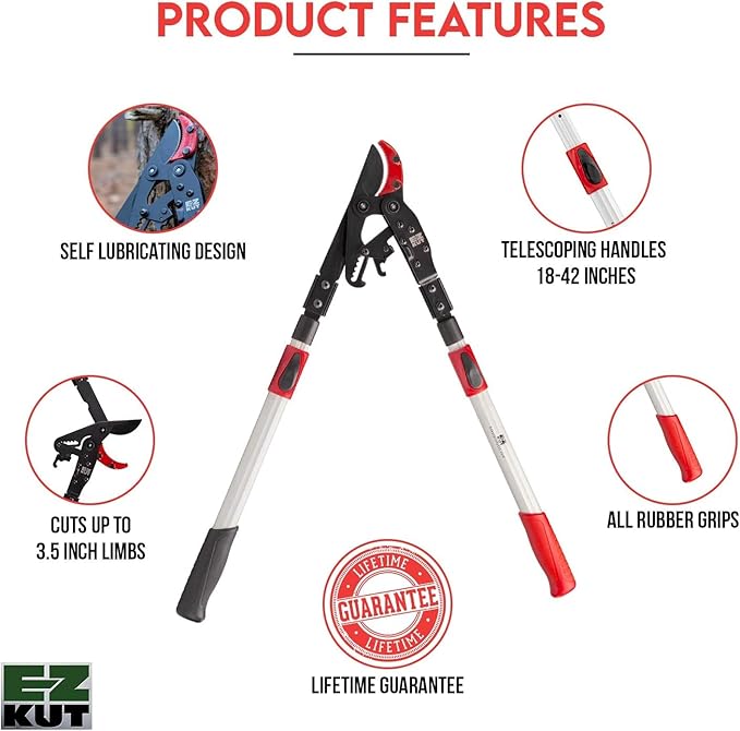EZ Kut Tree Trimming Combo Kit – Includes 42" Extendable Ratcheting Lopper + Sling Pak Sheath + Bonus Replacement Blade – Heavy Duty Garden Tools Set, Pruning Shears for Thick Branches (Green Pack)