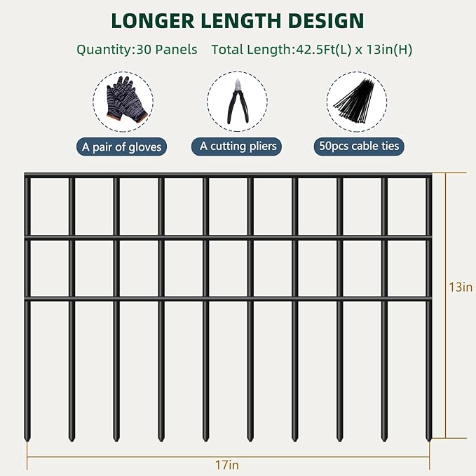 42.5ft(L) x 13in(H) Animal Barrier Fence, 30 Panels No Dig Garden Fence for Dog Rabbit, Rustproof Anti Digging Barrier, Garden Edging Border Ground Defense for Outdoor, Yard, Patio