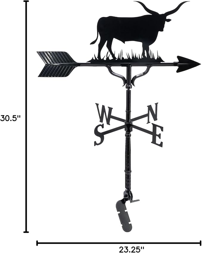 Montague Metal Products Bull Weathervane - 15 Ornament Colors Available - Roof Mount Included (4 to Choose from) - Longhorn Bull Weathervane