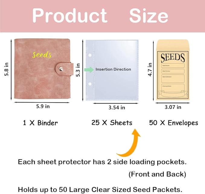 Seed Storage Organizer Binder, Leather Seed Packet Organizer with 50 Clear Pockets(25 Pack Sheet Sleeves) and 50 Pack Seed Envelopes, Garden Seed Holder Book, Plant Seed Saver, Flower Seed Keeper