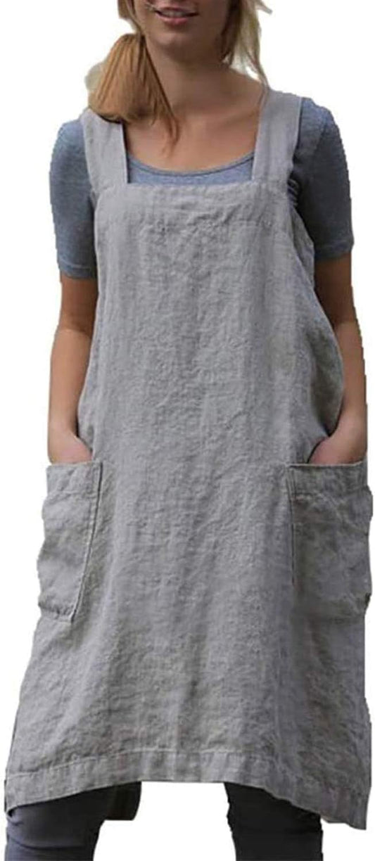 Cotton Linen Apron Cross Back Baking Cooking Gardening Apron for Women with Pockets Pinafore Dress
