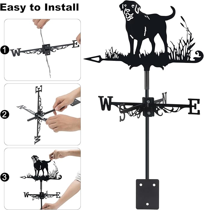 3D Dog Metal Weather Vane,Stainless Steel Black Animal Weathervane Wind Direction Indicator Roof Garden Decorations for Outdoor Farm Yard Garden Gazebo