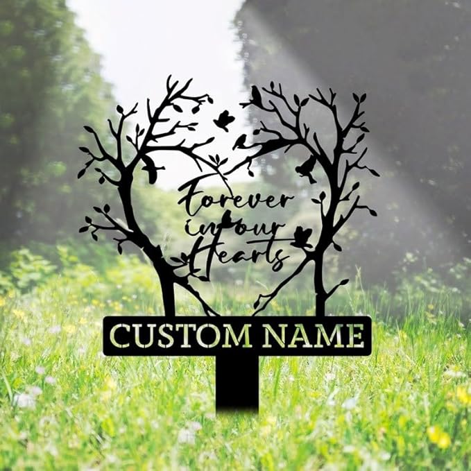 Custom Memorial Grave Stake – Personalized Metal Sign, Tree Heart Garden Stake, Grave Decoration, Yard Outdoor Decor (Tree Heart and Cardinals)