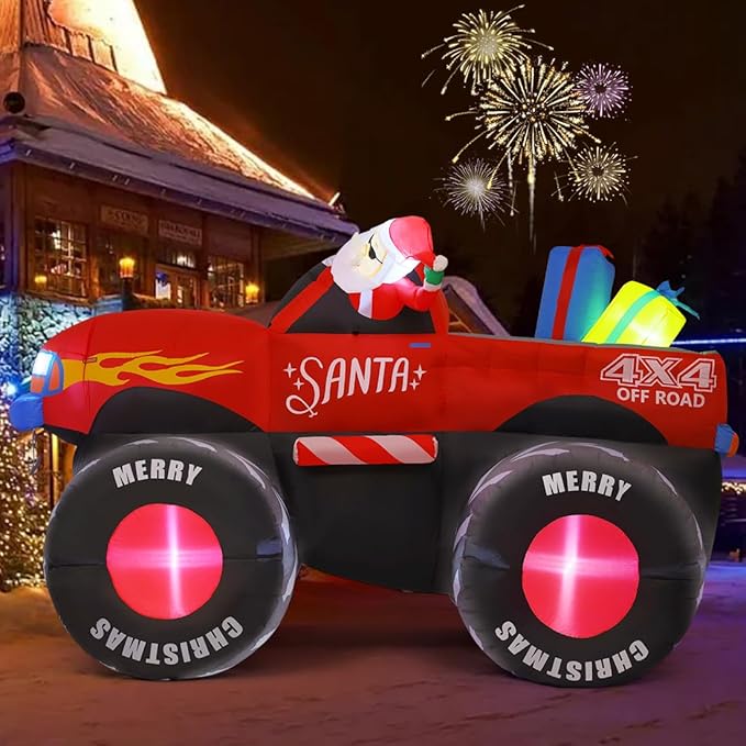 GOOSH 7.5 FT Long Christmas Inflatables Monster Truck Outdoor Decorations Blow Up Yard Santa Claus with Presents on Truck with Built-in LEDs for Garden Lawn Indoor Party Décor