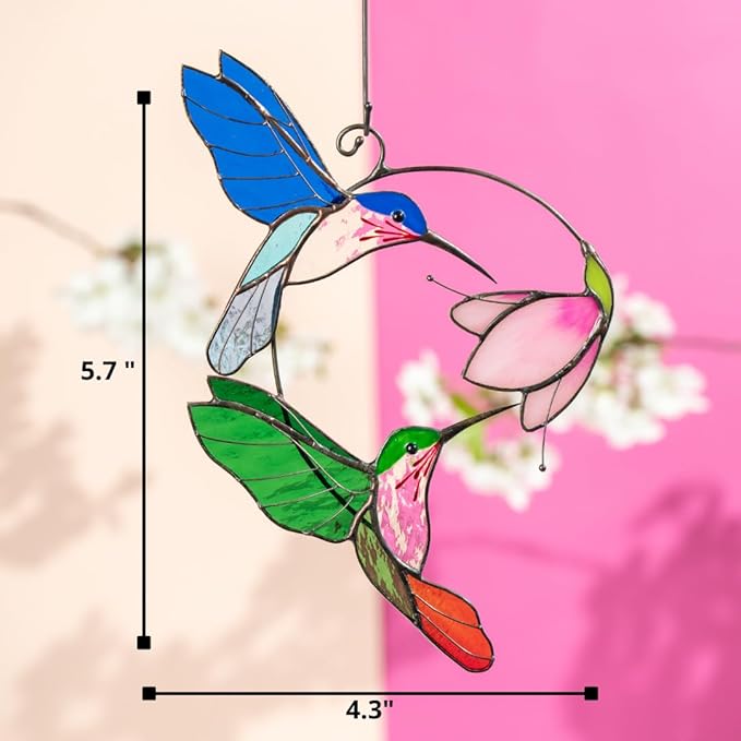 Hummingbird Cardinal Birds Stained Glass Suncatcher Genuine Stained Glass Window Hangings Unique Indoor Ornament & Outdoor Decor (Pair Flying Hums)