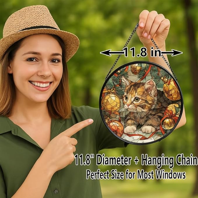 Stained Glass Window Hanging – 11.8 in Cute Kitten with Christmas Ornaments Panel with Chain， Bathroom Front Door Living Room Garden Decor， Gift for Mom Wife Lovers