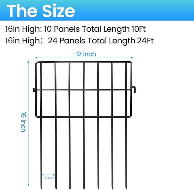 20 Pack Animal Barrier Fences, 1.5" Gap No Digging Garden Fence Panels, Metals Black Deterrent Fence for Dogs Rabbits, Decorative Fence for Outdoor Landscape Patio Total 20 ft(L)×16 in(H)