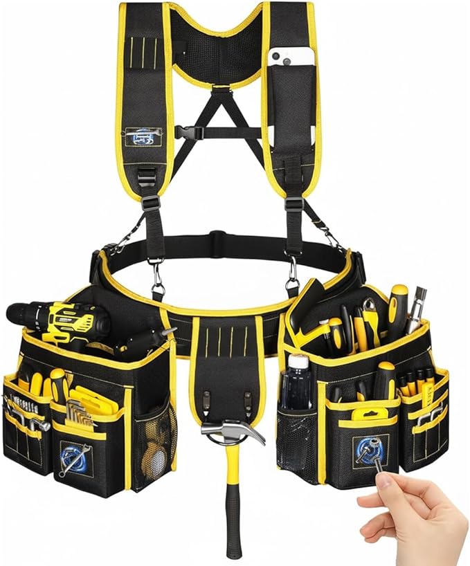 Tool Belts for Men, Tool Belt Suspenders, Heavy Duty Tool Belts with 28 Pockets, Magnetic Tool Belt with Suspenders for Carpenters Electricians Framers, 32''-66'' Adjustable Waist