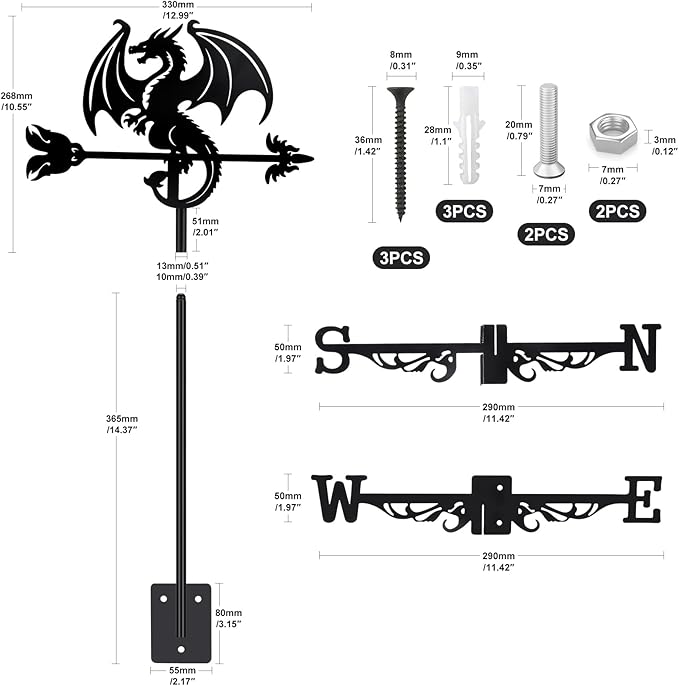 Dragon Wind Weathervanes Metal Weather Vane for Roof Mount Wind Direction Indicator Outdoor Weather Vanes Yard Patio Wind Vanes for Outside Yard Farm Garden Patio Decoration