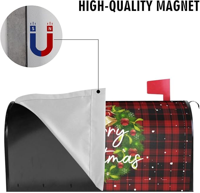 Merry Christmas Wreath Magnetic Mailbox Covers, Standard Size 18 X 21 Winter Xmas Red Buffalo Plaid Mailbox Cover, Holiday Decorations Mailbox Wrap Post Letter Box Cover Decor for Home Outdoor Garden