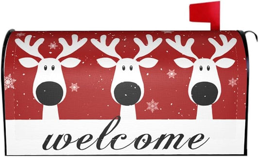 Christmas Reindeer Mailbox Cover Magnetic, Welcome Winter Snowflakes Xmas Elk Mailbox Wrap, Standard Size 21x18 Inch Waterproof Letter Post Cover for Garden Yard Outdoor Outside Decor