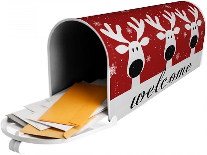 Christmas Reindeer Mailbox Cover Magnetic, Welcome Winter Snowflakes Xmas Elk Mailbox Wrap, Standard Size 21x18 Inch Waterproof Letter Post Cover for Garden Yard Outdoor Outside Decor