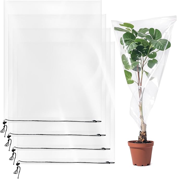 4 PCS Winter Plant Film Covers with Drawstring-31.5" x 35.4" Transparent Freeze Protection Bag Clear Plastic Plant Shelter Waterproof Coverings for Outdoor Garden Plant Rain Snow Frost Protection