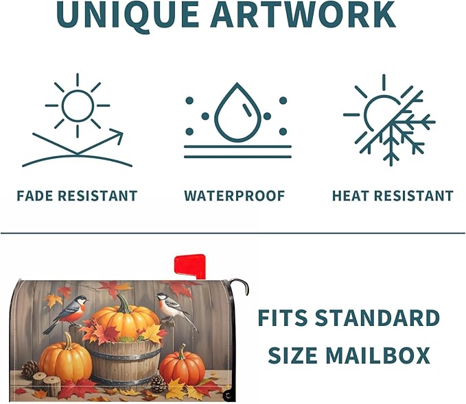 Fall Thanksgiving Day Mailbox Covers Magnetic Standard Size Autumn Pumpkin Birds Maple Leaf Harvest Themed Seasonal Outdoor Decorative Letter Box Cases for Home Garden Outside Decor, 21x18 Inch