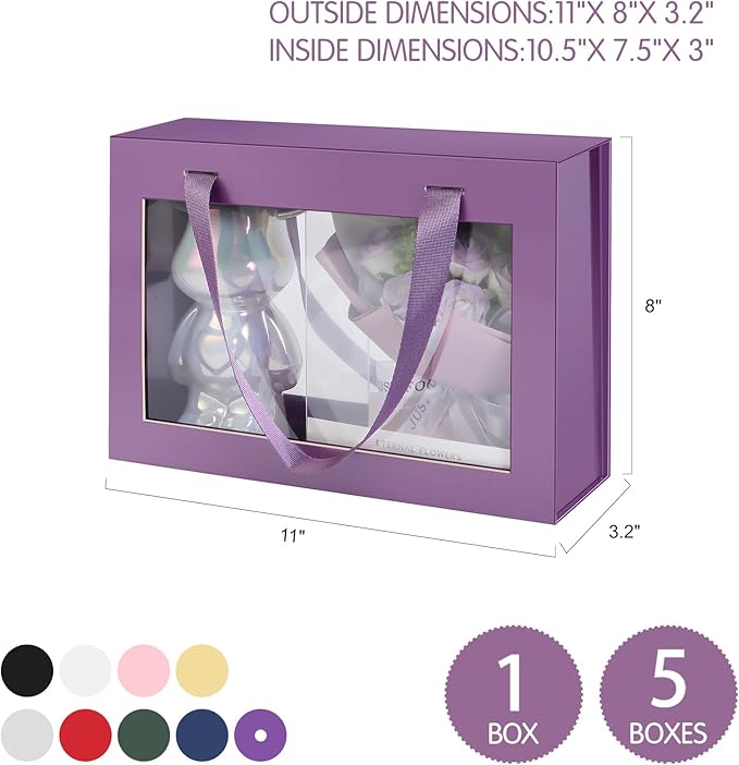 5 Purple Gift Boxes with Windows, Clear Magnetic Gift Boxes for Presents, Bridesmaid Proposal Boxes (11x8x3.2 Inches)