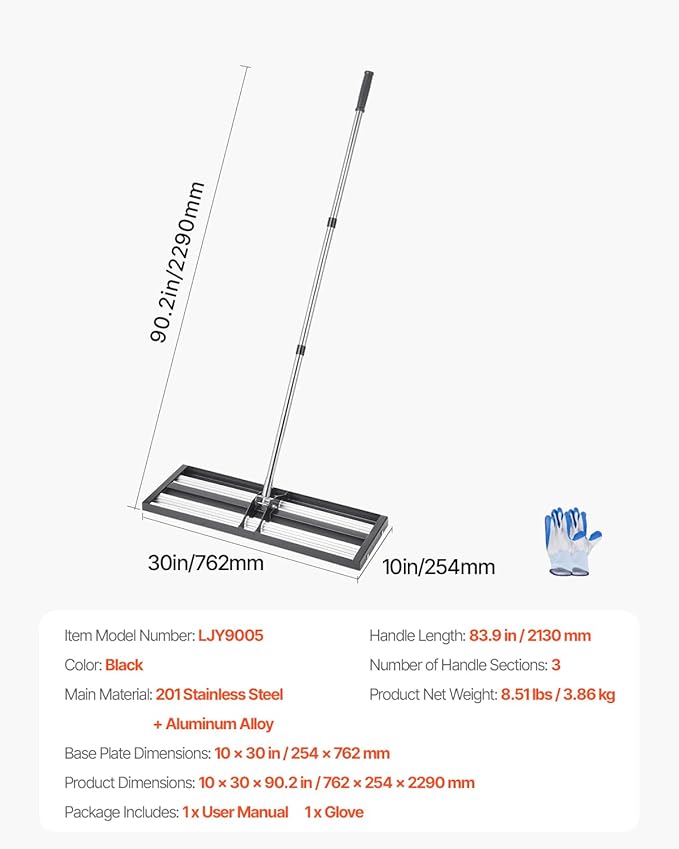 VEVOR Updated Lawn Leveling Rake with Roller, 30'' x 10" Stainless Steel Lawn Leveler with 83.9'' Adjustable Handle, Heavy Duty Yard Leveling Rake, Effort Saving Lawn Leveling Tool for Yard Golf Court