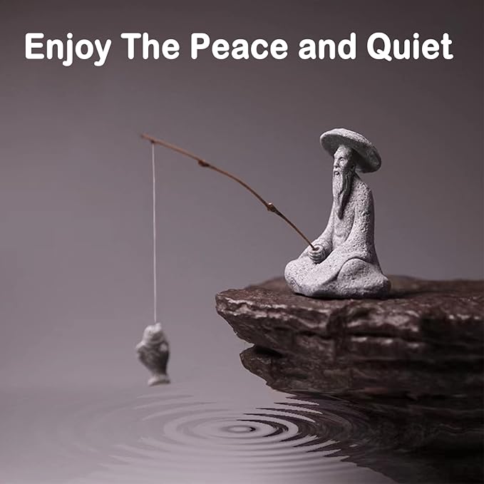 livelyfish Mini Fisherman Statue Asian Zen Decoration Sitting Fishing Figurines Sandstone Vintage Ornament for Aquarium Fish Tank Pot Garden Home Japanese Decor (B2)
