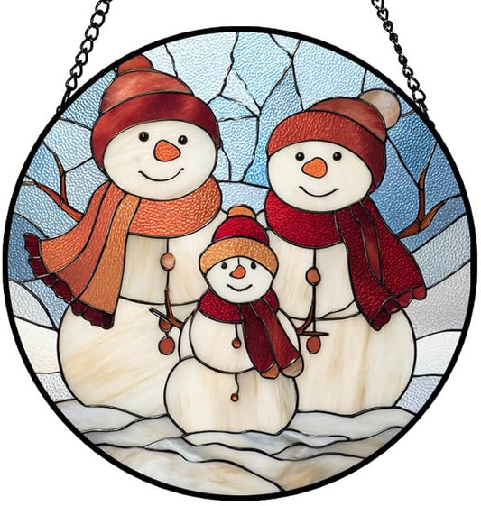 Stained Glass Window Hanging – 6.3 in Snowman Family Panel with Chain， Bathroom Front Door Living Room Garden Winter Holiday Decor， Gift for Mom Wife Lovers