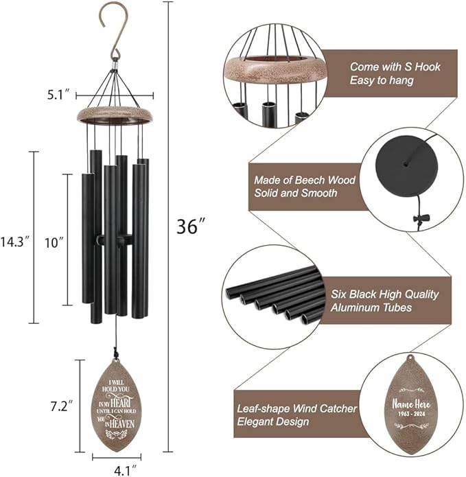 ASTARIN Personalized Name 35" Memorial Wind Chimes for Outside, Metal Sympathy Gifts for Loss of Mother Father Loved One, Bereavement Wind Chime in Memory Gift