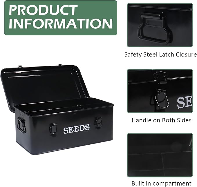 Garden Seed Box, Black Metal Seed Storage Box, Seed Storage Organizer Case with 4 Dividers, Seeds Packet Container for Gardening, Seed Envelope Storage Box with Portable Handle & Safety Lock