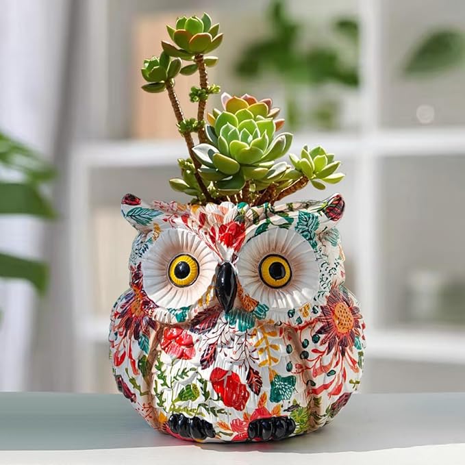 Owl Planter, Owl Succulent Pots, Funny Plant Pots Indoor/Outdoor, Decorative Garden Flower Pot, Cute Small Planters for office Home Decor, Unique Statue Figurine Gifts for Women Mother Teacher Red