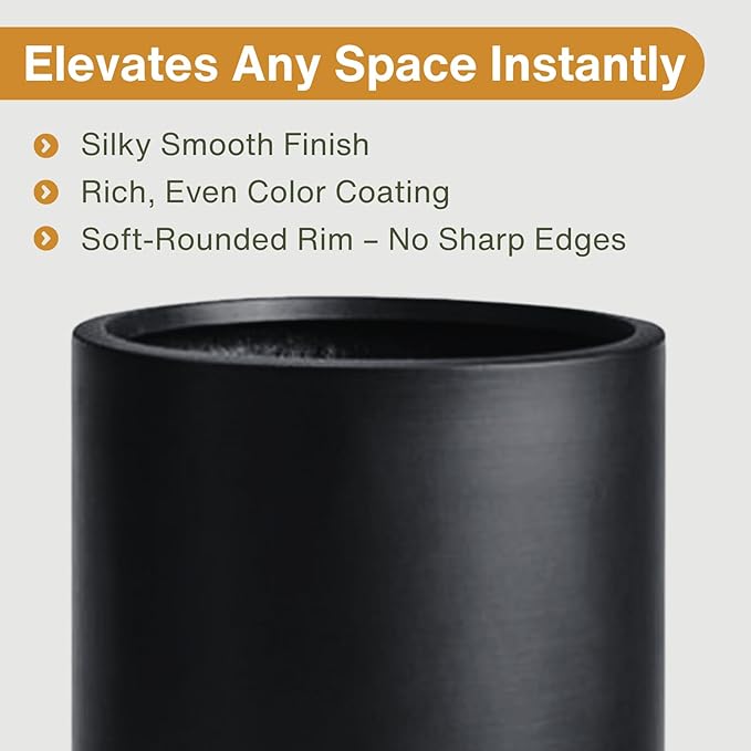 19.5"H x 9.8"D Tubo Fiberstone Cylinder Tall Planter, Christmas Tree Planter, Smooth Finishes, Weather Resistant for Indoor & Outdoor Use, Included 2 Extra Coco Mats (Black,8.2" Pot Opening)