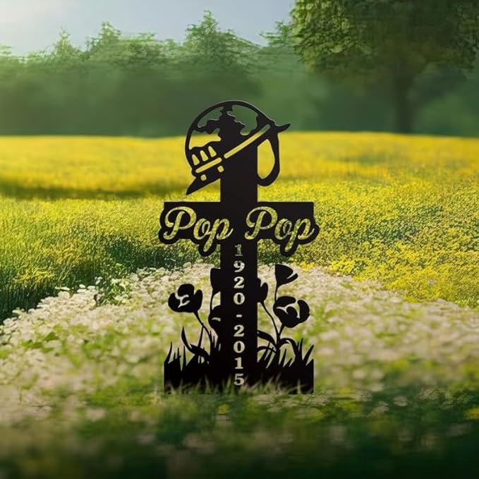 Personalized Soldier Memorial Metal Stake with Poppy – Custom Cross Sign, Remembrance Plaque, Garden Grave Marker (Soldier Memorial)