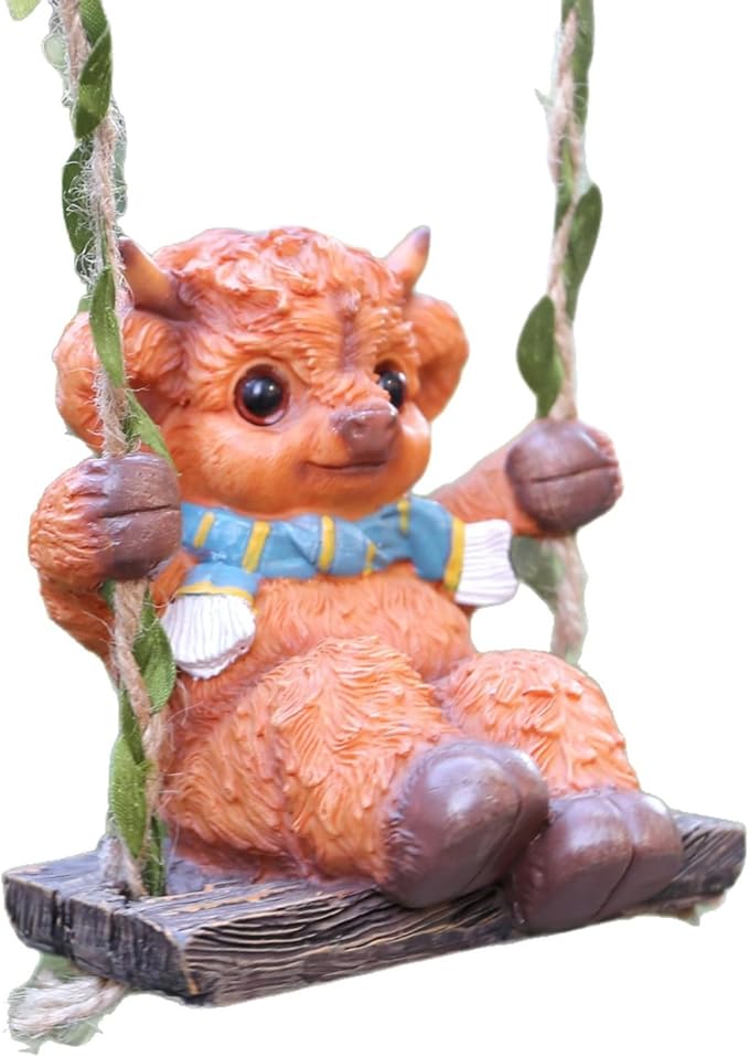 Swing Highland Cattle Statue 4.33in,Exquisite Garden Statue Decoration and Lawn Ornament,Outdoor or Home Decor,Easter Decor