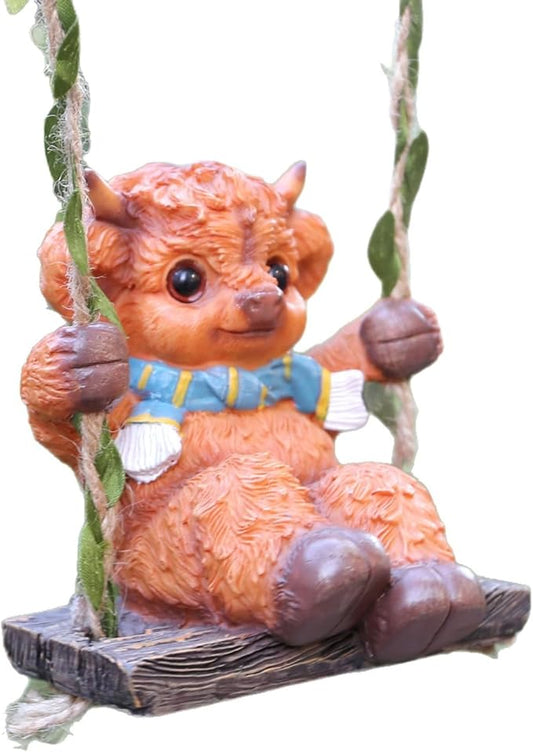 Swing Highland Cattle Statue 4.33in,Exquisite Garden Statue Decoration and Lawn Ornament,Outdoor or Home Decor,Easter Decor
