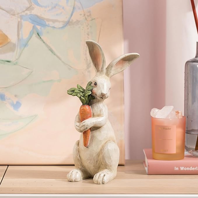 Newman House Studio Standing Rabbit Figurines Home Decoration - Indoor Bunny Statues with Carrots Office Room Decor for Women Table Decor 5.8 L x 5.1 W x 11.7H Inch