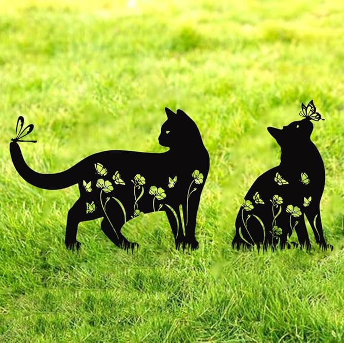 Cat Metal Garden Stakes Decorative(2 Pack),Cat Gifts for Women/Men/Cat Lovers Gifts,Black Cat Silhouette Statues Garden Decor for Outside,Outdoor Decor,Yard Art,Patio,Lawn Ornaments,Small
