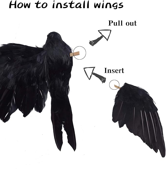Etistta 2-Pack Realistic Crows Lifesize Extra Large Handmade Black Feathered Crow for Halloween Decorations Birds, L (13 inch+12 inch)
