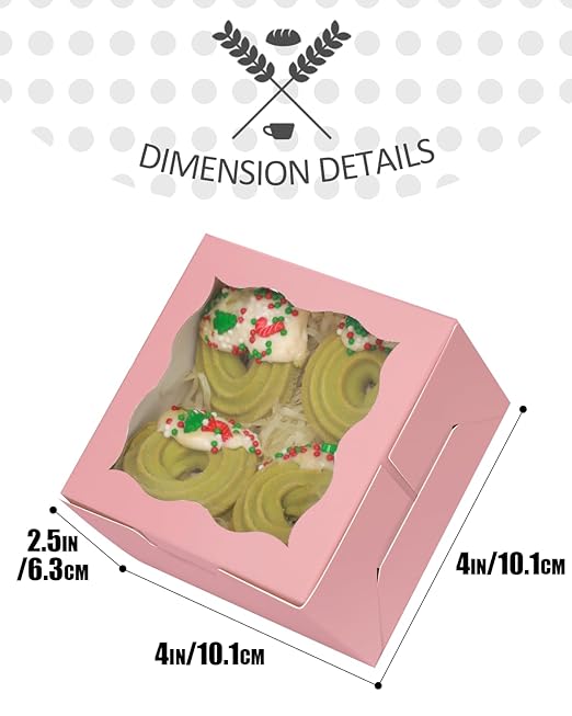 qiqee Pink Bakery Box with Window 4x4x2.5 inch 30Packs Macaron Boxes Small Donut Pastry Boxes for Party Mini Cookie Boxes