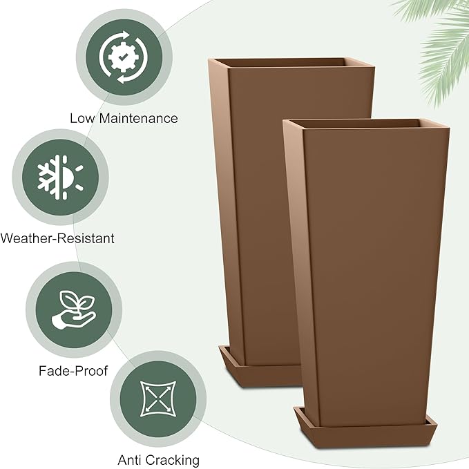 Set of 2 Large Planters for Outdoor Plants 24" Tall Tapered Modern Flower Pots with Drainage Tray for Garden, Patio, Porch (Brown)