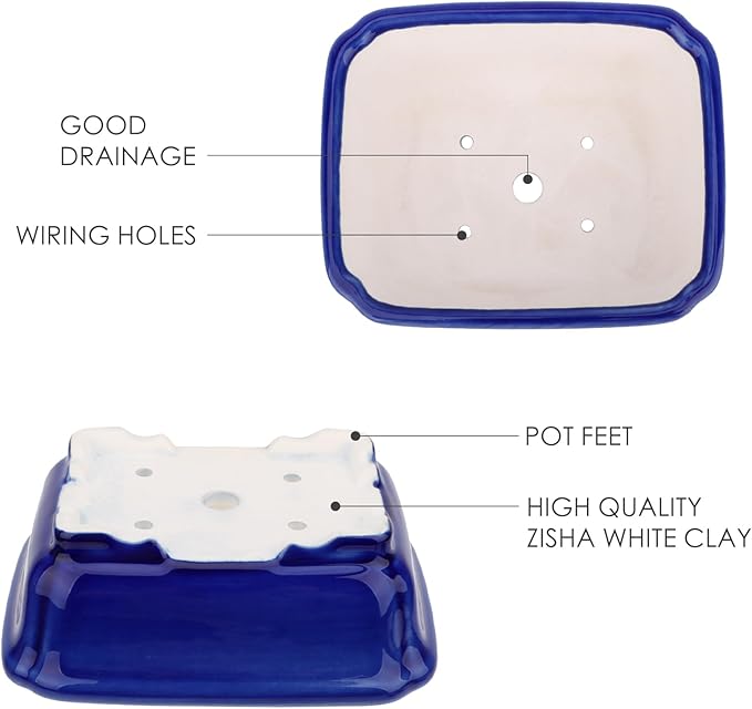 Set of 2 Zisha White Clay Bonsai Pot Glazed Shallow Succulent Planter Blue
