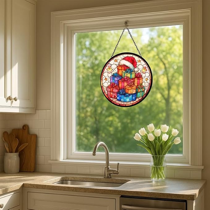 Stained Glass Window Hanging – 7.8 in Stack Panel with Chain， Bathroom Front Door Living Room Garden Decor， Gift for Mom Wife Lovers