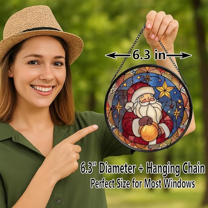 Stained Glass Window Hanging – 6.3 in Santa Claus Panel with Chain， Bathroom Front Door Living Room Garden Christmas Holiday Decor， Gift for Mom Wife Lovers