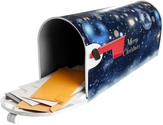 Festive Magnetic Mailbox Cover Christmas Blue Ball Pattern Outdoor Mailbox Protector Holiday Seasonal Decorative Garden Yard Home Large Size 25.5 x 21 Inch