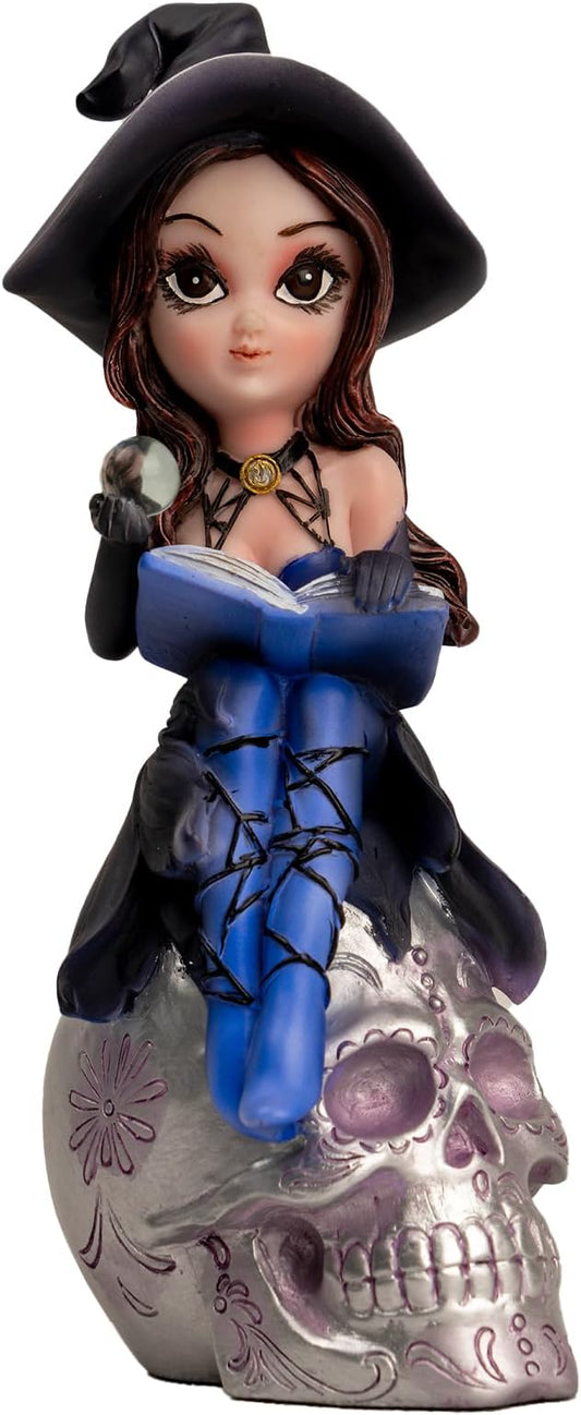 Fairy Figurine Set, Piece Decorative Collectible Statues Blue Witch Statue on Skull - Gothic Home Decor, Halloween Resin Sculpture Mystical Witch Figure with Black Hat & Detailing