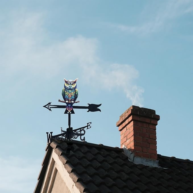 Metal Owl Wind Vane for Garden, 16 Inch Whimsical Metal Weathervane with Directional Arrows, Colorful Outdoor Roof Decor for Farmhouse Patio Yard,Outdoor Patio Roof Decoration