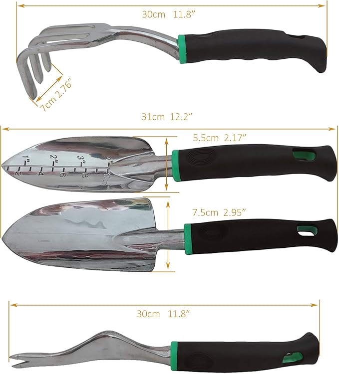 Gardening Tool Set Including Hand Trowel, Transplant Trowel, Cultivator Hand Rake, Pruning Shears and Weeder, Non-Slip Rubber Grip (5 pcs Green)