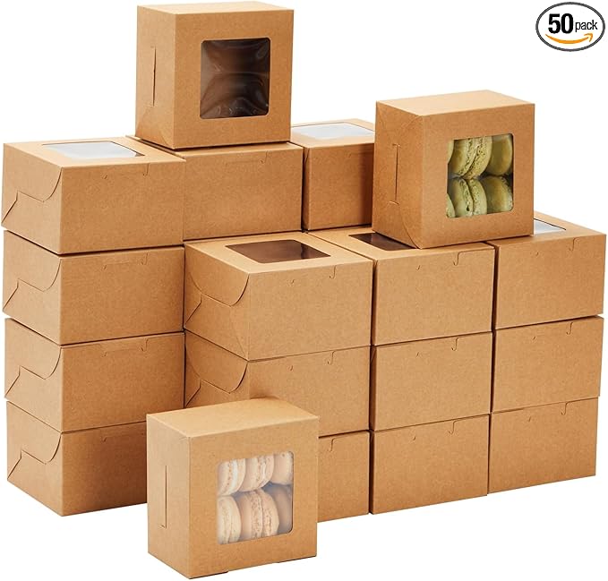 Juvale Cookie Boxes with Window - 50 Pack, 4 x 4 x 2.5 in Brown Cardboard - Pastry Containers & Cupcake Box for Baked Goods Packaging - Mini Treat Holders