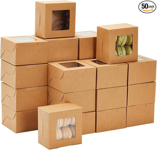 Juvale Cookie Boxes with Window - 50 Pack, 4 x 4 x 2.5 in Brown Cardboard - Pastry Containers & Cupcake Box for Baked Goods Packaging - Mini Treat Holders