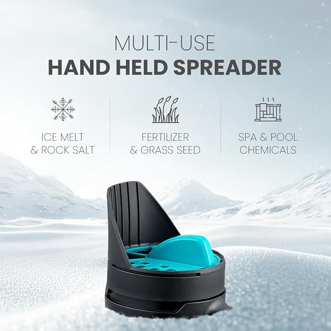AquaDoc Ice Melt Hand Spreader for Snow Salt, Fertilizer, Grass Seed Shaker - Multi-use Hand Held Salt Spreader for Snow with Multiple Size Openings
