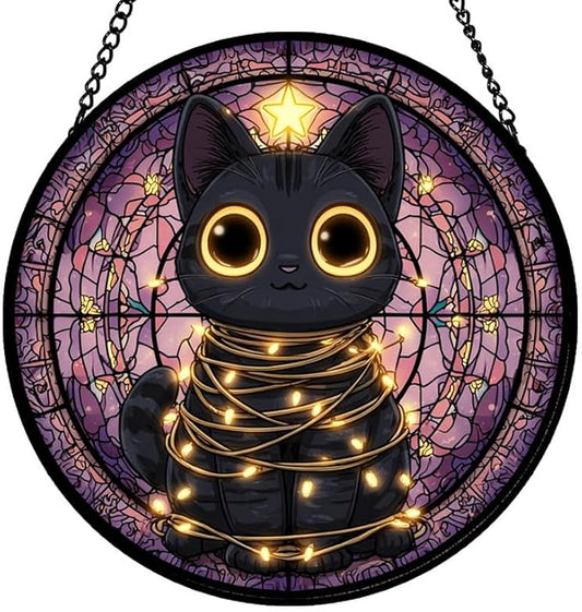 Stained Glass Window Hanging – 6.3 in Black Cat with String Lights Panel with Chain， Bathroom Front Door Living Room Garden Decor， Gift for Mom Wife Lovers