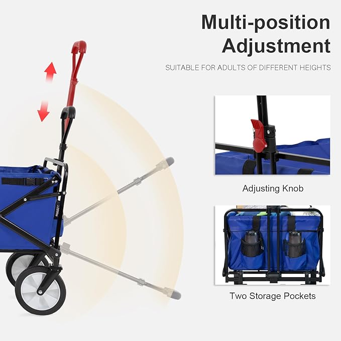 PayLessHere | Collapsible Wagon Cart with Wheels | Blue | Heavy Duty Foldable Utility Cart with 330 lb Capacity | with All-Terrain Wheels & Adjustable Handle for Outdoor, Garden, Beach, Shopping
