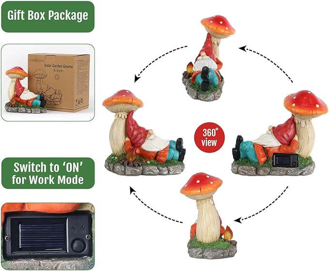 Christmas Garden Gnomes Statues with Solar LED Light, Solar Powered Gnome Sculptures for Patio Yard Lawn Balcony Decor Mother's Day Birthday Gifts for Women Mom 8.5 Inch