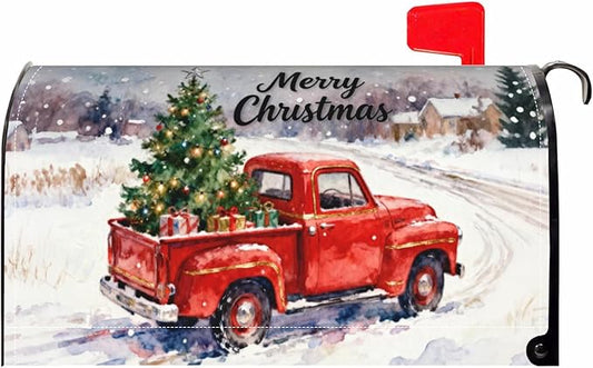 Merry Christmas Large Mailbox Covers Magnetic Oversized Red Truck Xmas Tree Rustic Snow Scene Holiday Outdoor Decorative Farmhouse Letter Box Cases for Home Garden Outside Decor, 25.5x21 Inch