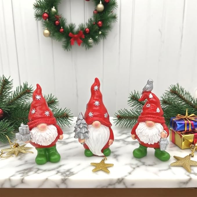 3PCS Christmas Gnome Decorations - Red & Green Holiday Gnomes with Gifts, Resin Xmas Elf Figurines for Home Decor, Shelf, Mantel, Tabletop Festive Indoor Ornaments (4.93-5.11 in)